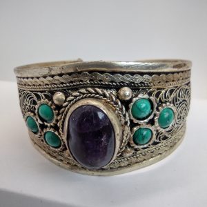 Vintage Amethyst and Turquoise Wide Cuff Bracelet