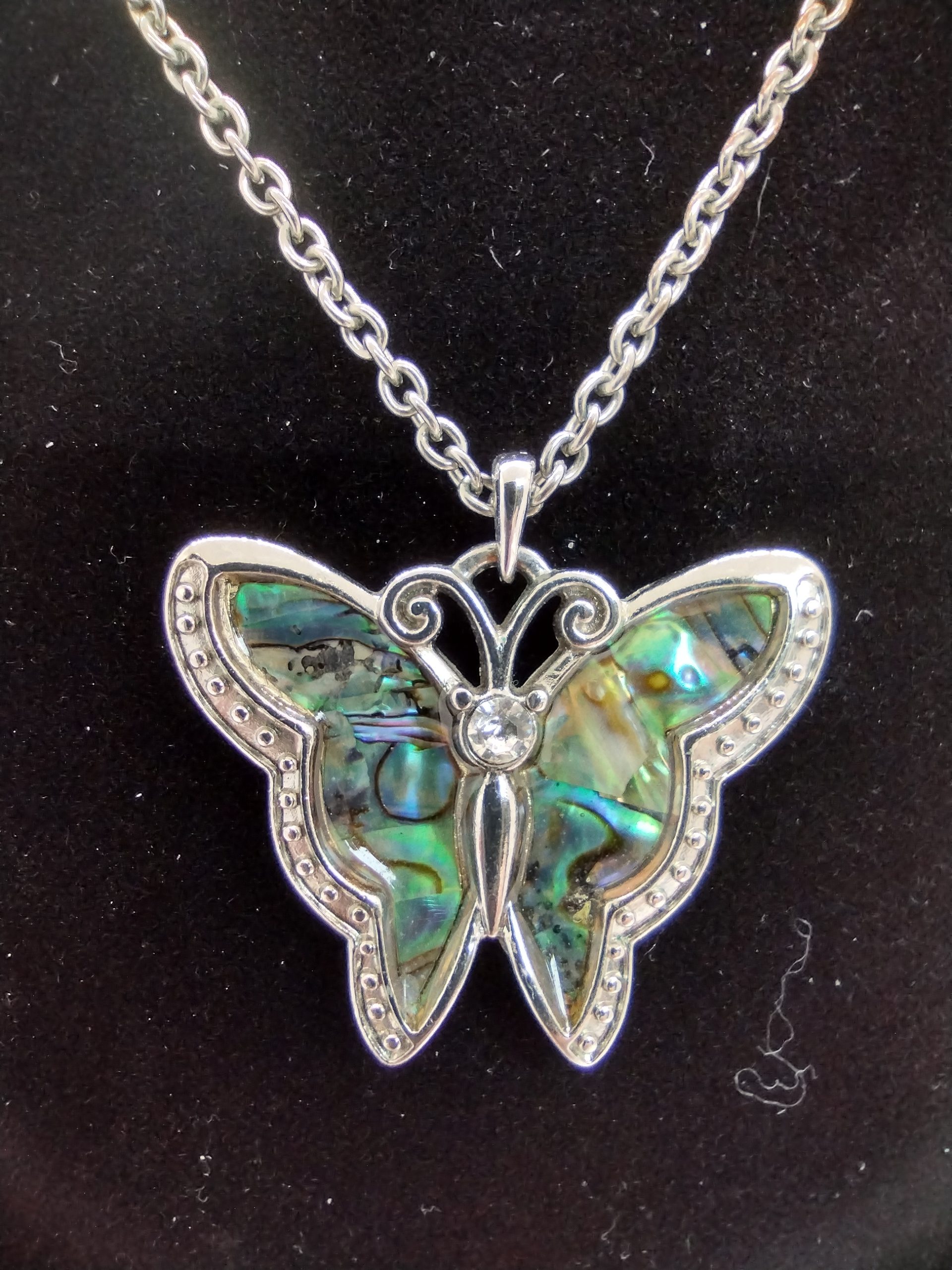 Vintage Abalone and Rhinestone Butterfly Pendant Necklace