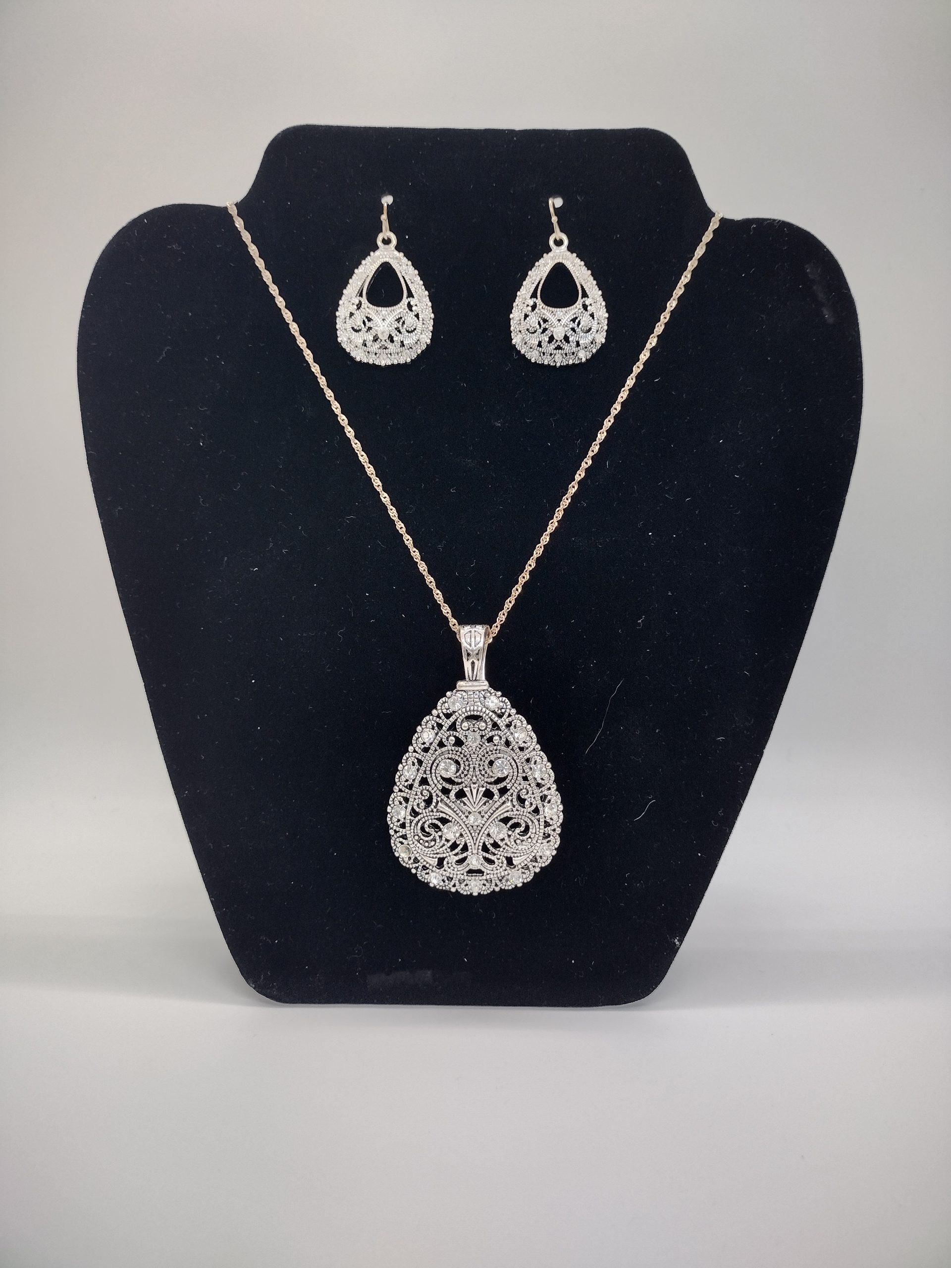 Vintage Premier Design/ Filigree Teardrop Pendant and Earrings
