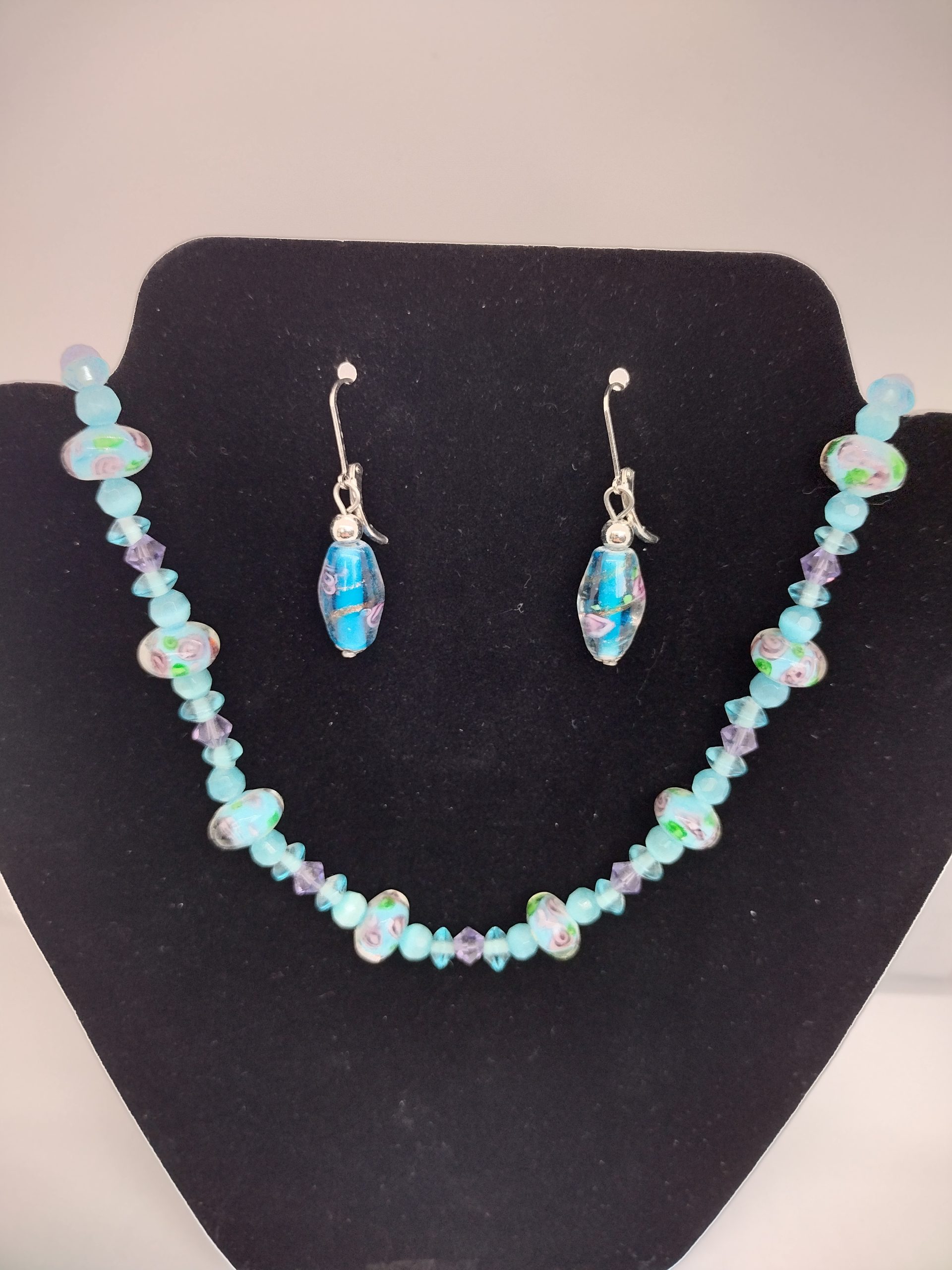 Handcrafted Lampwork Glass Bead Necklace And Earring Set/ Aqua Blue, Lavendar and Floral Accents