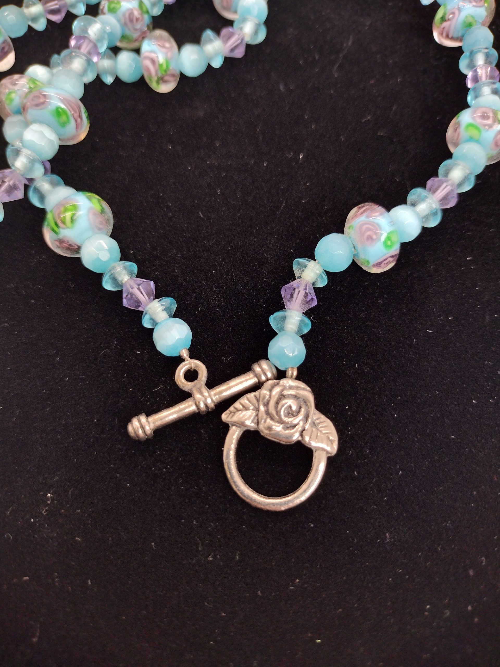 Handcrafted Lampwork Glass Bead Necklace And Earring Set/ Aqua Blue, Lavendar and Floral Accents - Image 4