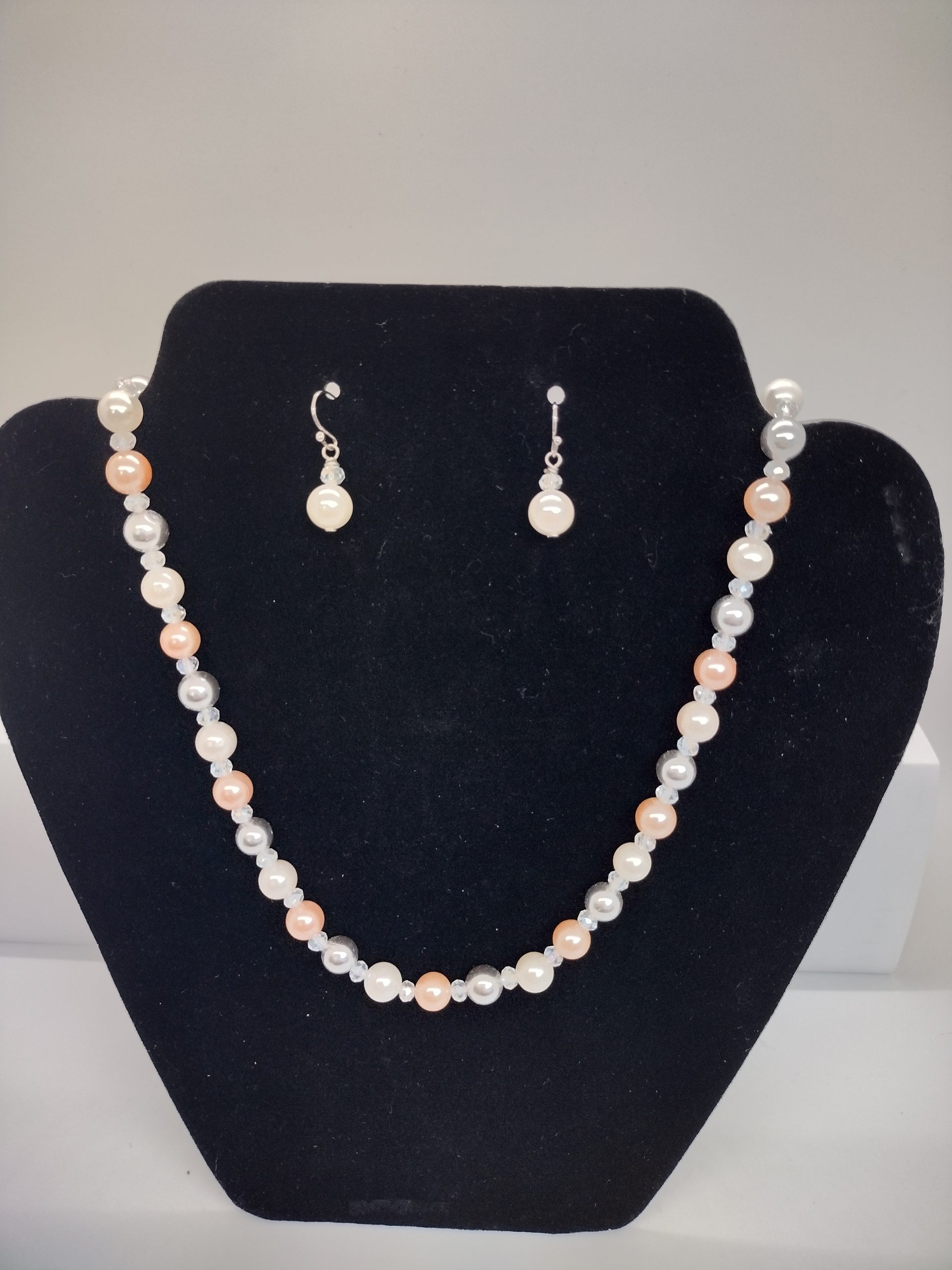 Elegant Tri-colored Beads and Crystal Necklace and Earring Set