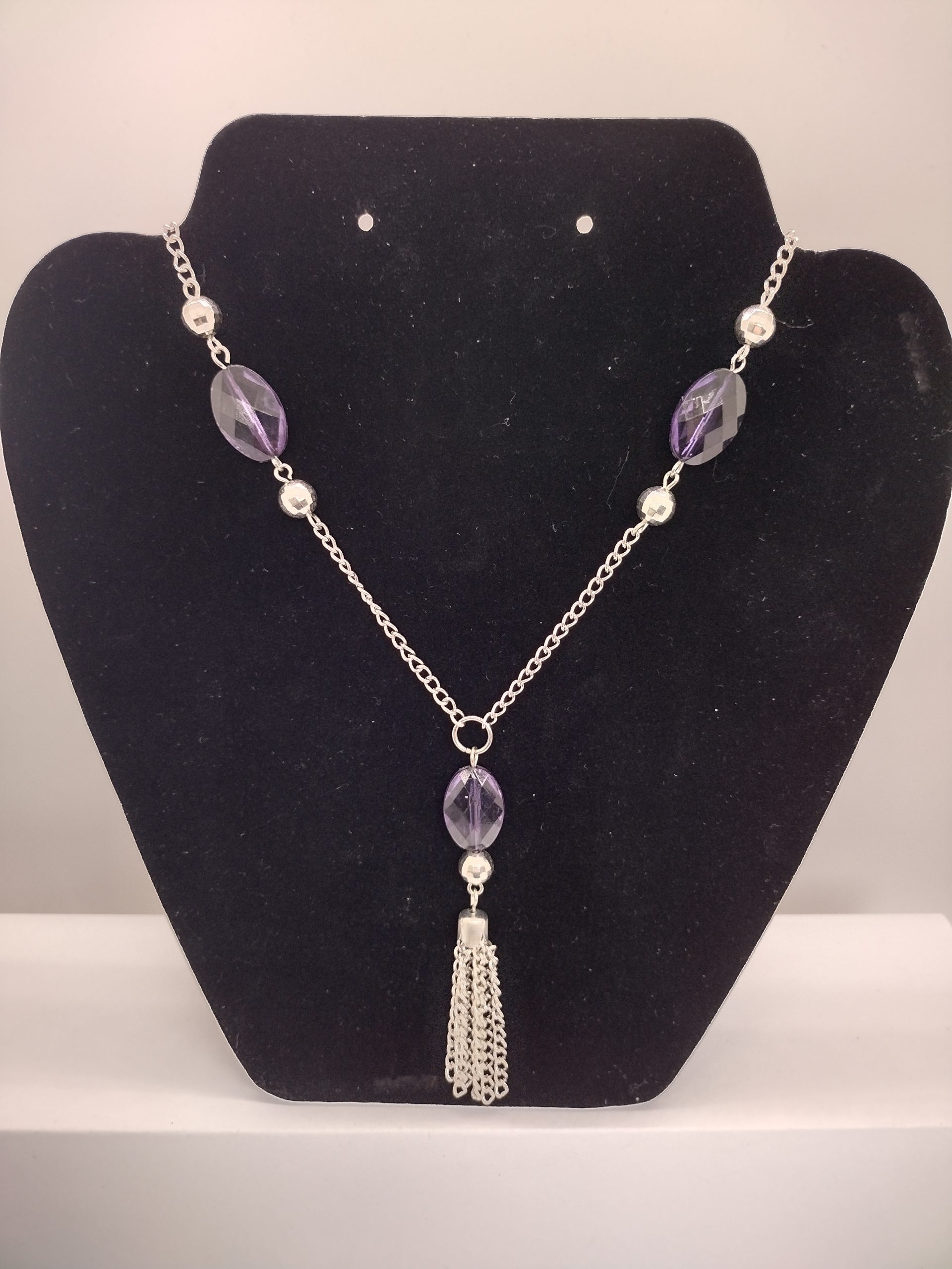 Silver-tone chain with Purple Beads and Chain Tassel