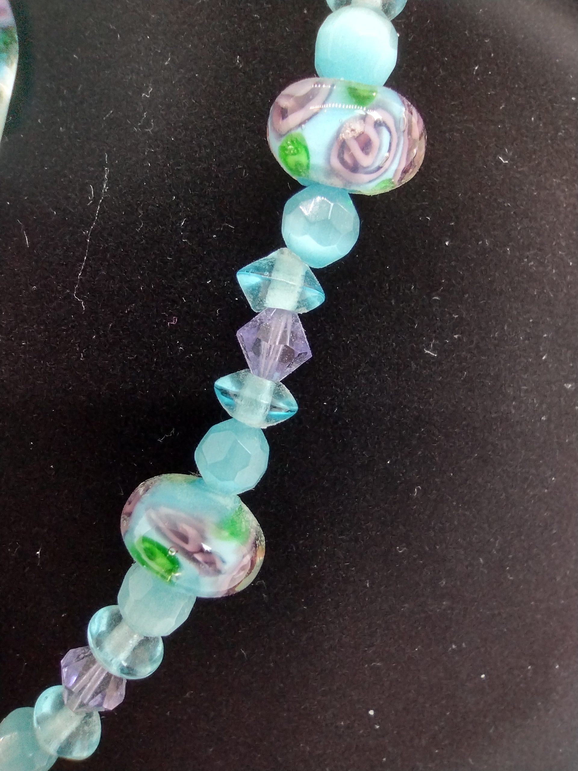 Handcrafted Lampwork Glass Bead Necklace And Earring Set/ Aqua Blue, Lavendar and Floral Accents - Image 2