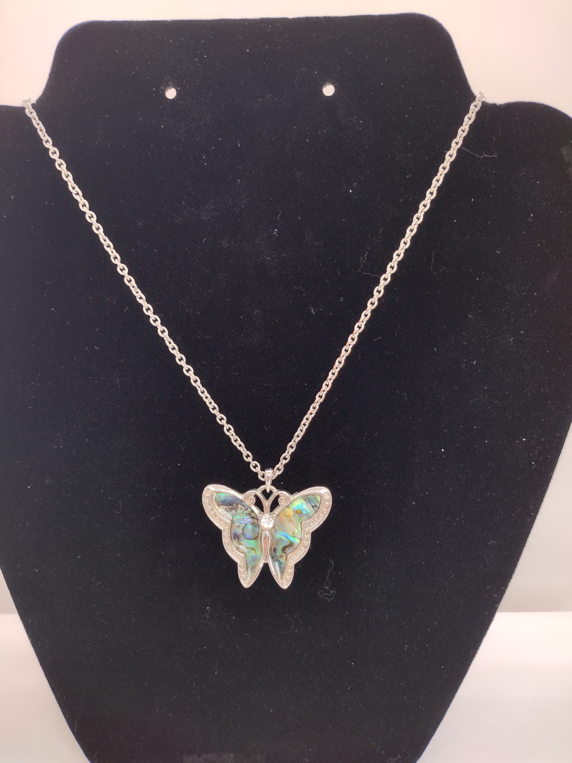 Vintage Abalone and Rhinestone Butterfly Pendant Necklace - Image 2
