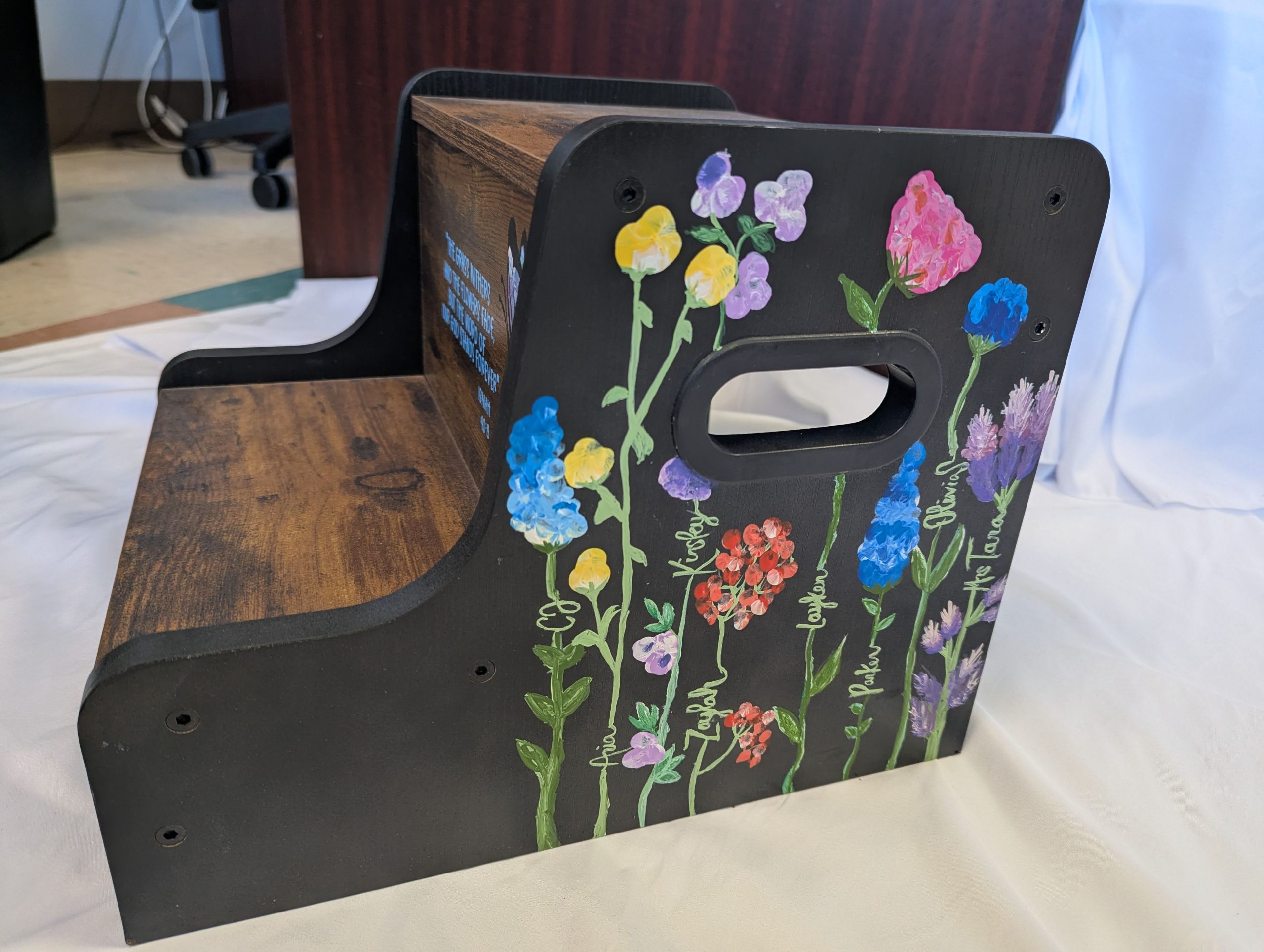 Threes' Class Art Project: Fingerprint Flowers Step Stool - Image 3